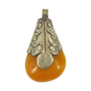 Faux Orange Plastic Stone Pendant ONLY 1.7 In Silvertone Leaf Ornate
